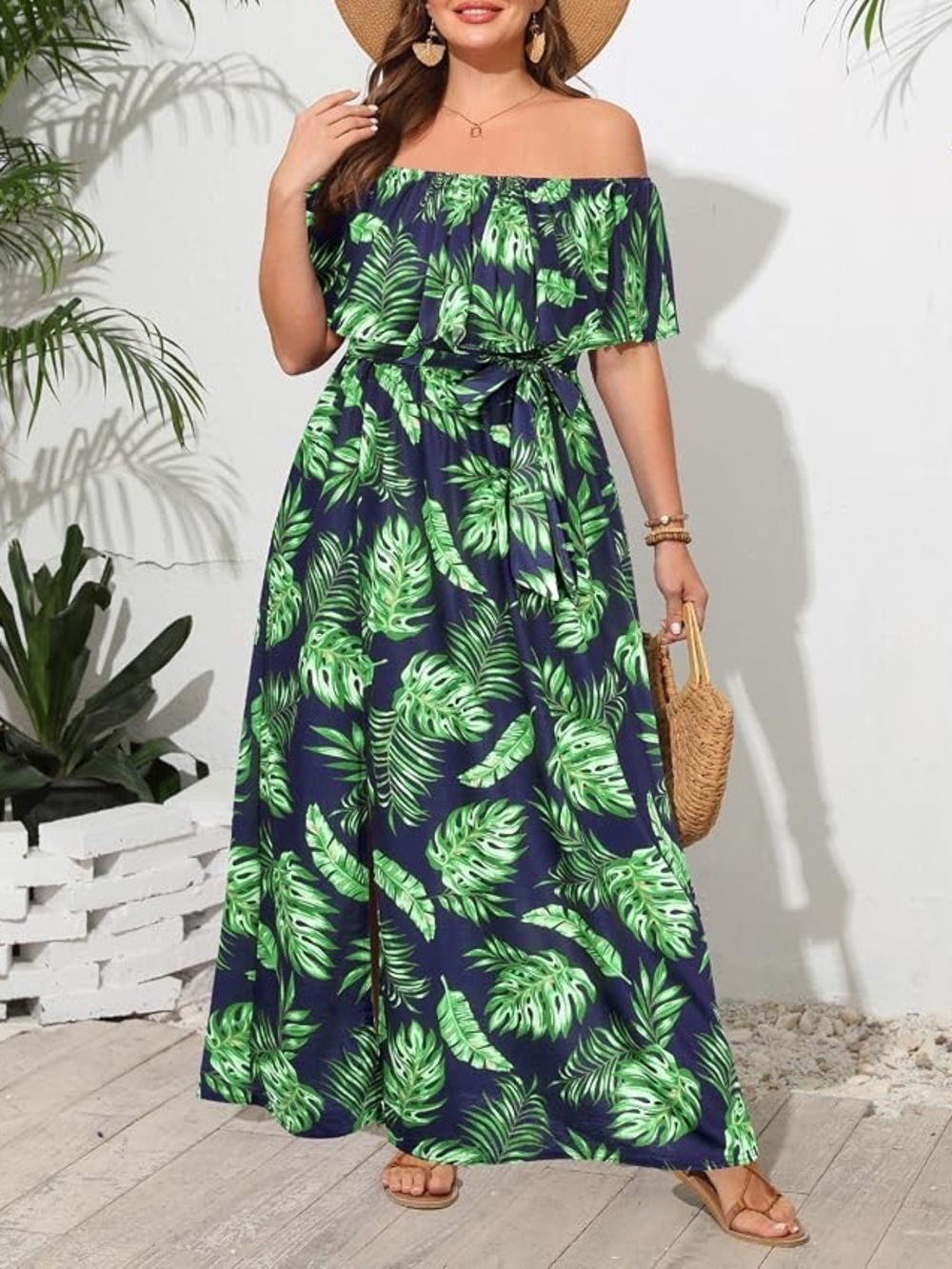 NWOT Pinup Fashion Off-Shoulder Tropical Leaf Plus Size Summer Maxi Dress 20